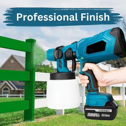 Image of the PaintPro™ High-Performance Cordless Paint Sprayer throwing green paint on a white fance to demonstratte the professional finish