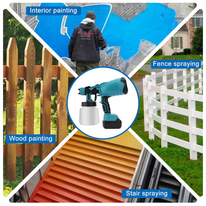 Image of the PaintPro™ High-Performance Cordless Paint Sprayer showcasing the uses in interior painting, fence spraying, wood painting and stair spraying.